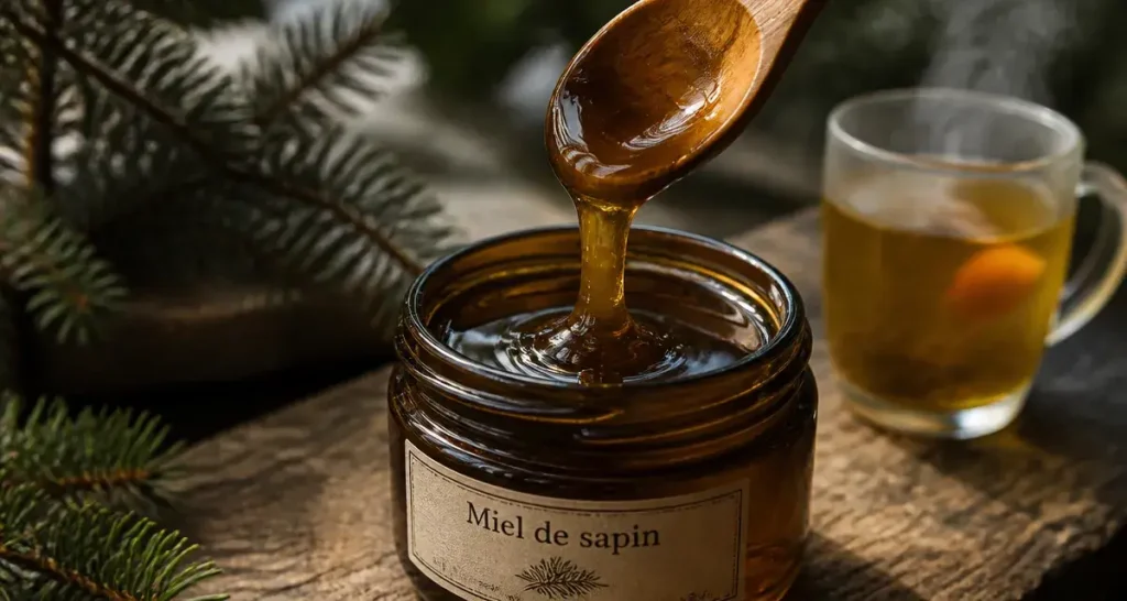 Miel de sapin bienfaits, pot ambré et filet de miel sur bois