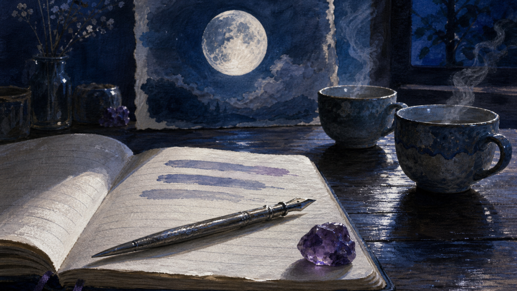 Pleine lune en gémeaux : rituels pour clarifier les pensées, carnet et améthyste
