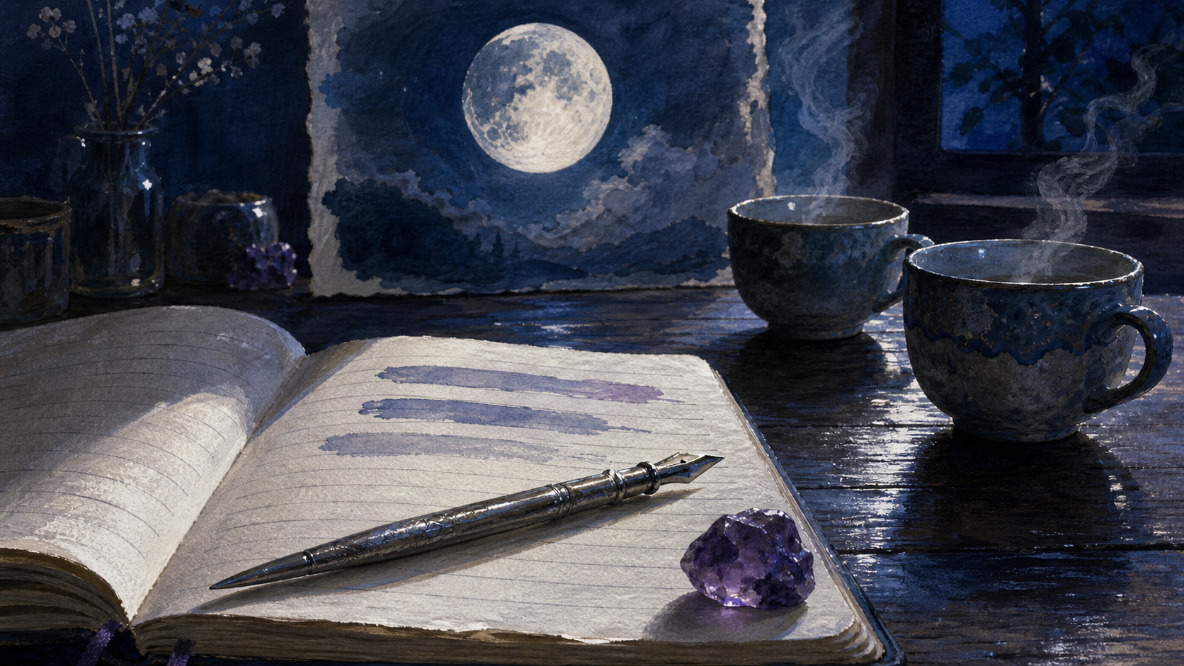 Pleine lune en gémeaux : rituels pour clarifier les pensées, carnet et améthyste