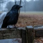 Signification corbeau : corbeau noir sur barrière près d’une route forestière