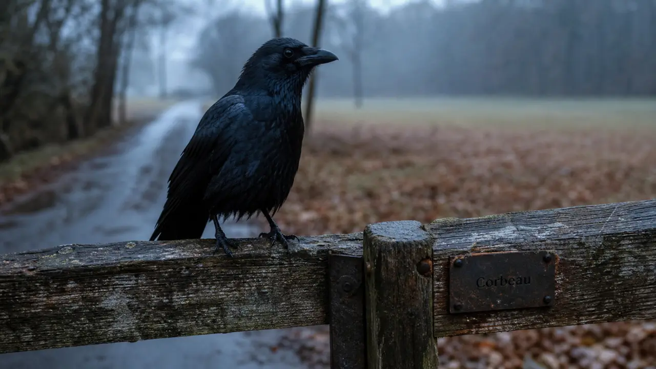 Signification corbeau : corbeau noir sur barrière près d’une route forestière