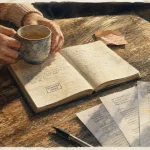 brouillard mental ménopause : mains sur carnet avec tasse, post-it et emails