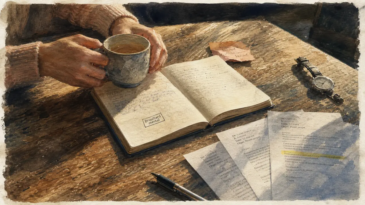 brouillard mental ménopause : mains sur carnet avec tasse, post-it et emails