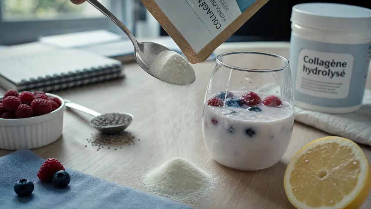 Collagène hydrolysé en poudre sur table, supplémentation et biodisponibilité