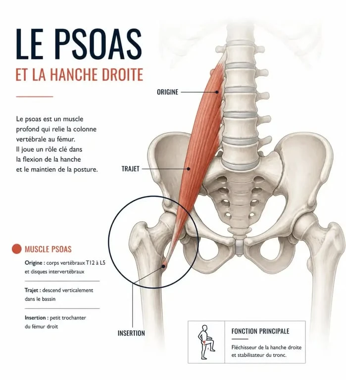 Schéma anatomique du bassin et de la hanche droite pour comprendre la signification spirituelle de la douleur