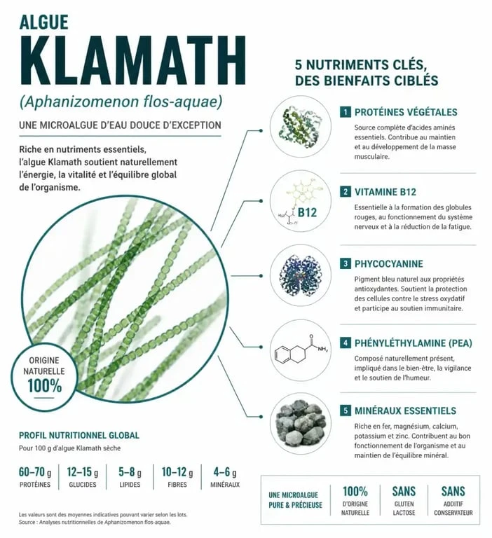 Infographie des bienfaits et composition nutritionnelle de l'algue Klamath (Aphanizomenon flos-aquae) pour la santé