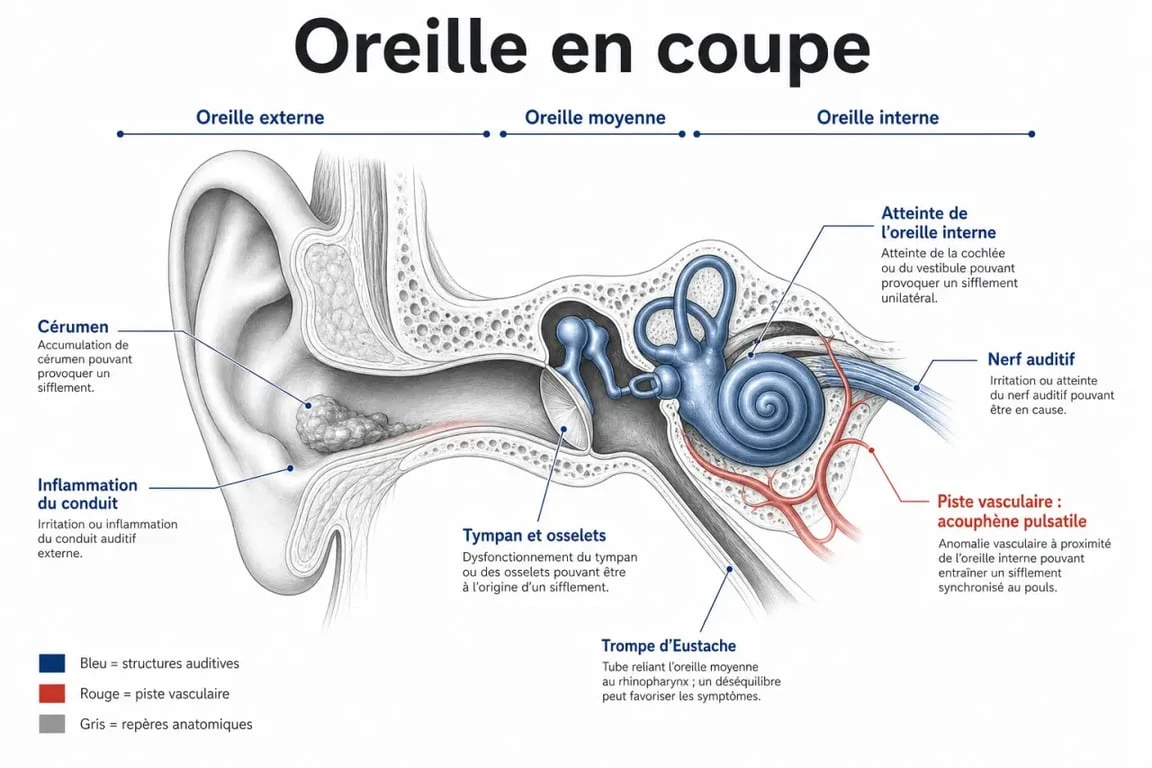 Signification oreille gauche qui siffle : schéma de l’oreille et causes possibles