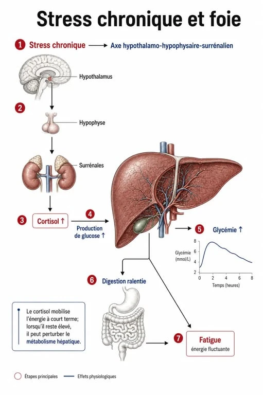 Stress du foie : schéma du lien entre cortisol, digestion, glucose et fatigue