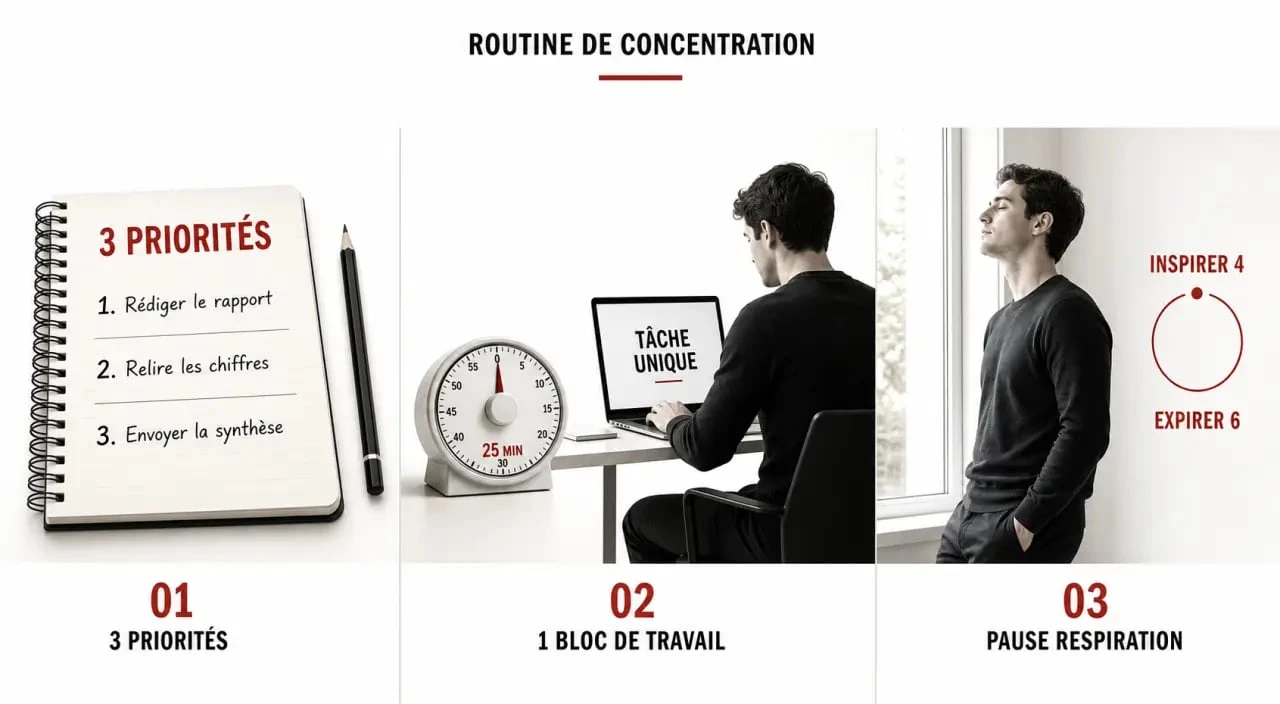 Exercice pour la concentration : routine de travail en trois étapes avec priorités, Pomodoro et respiration