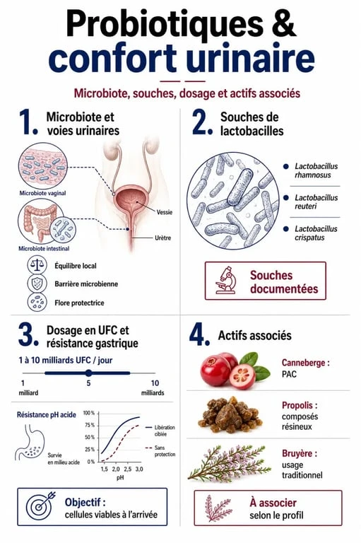 Infographie sur le probiotique urinaire : souches, dosage, actifs associés et précautions