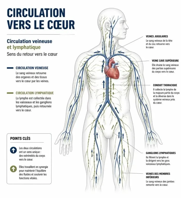Schéma du sens de massage pour la circulation sanguine et lymphatique