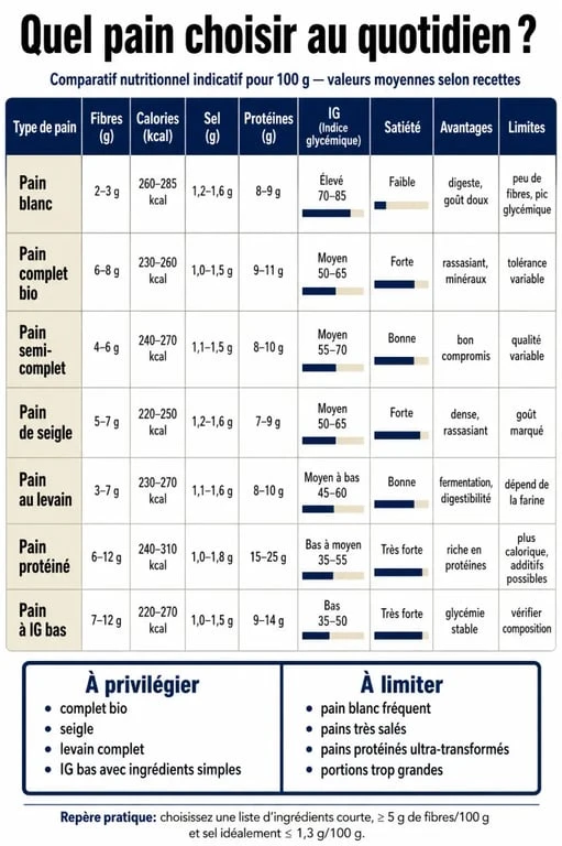 Quel pain manger : infographie comparative des pains complet, semi-complet, seigle, levain et pain blanc