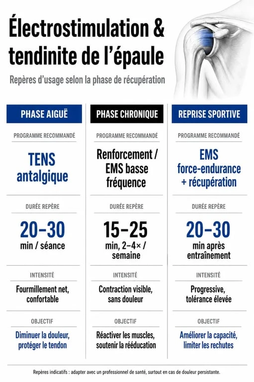 Comparatif visuel de l’électrostimulation tendinite épaule selon la phase aiguë, la phase chronique et la reprise sportive