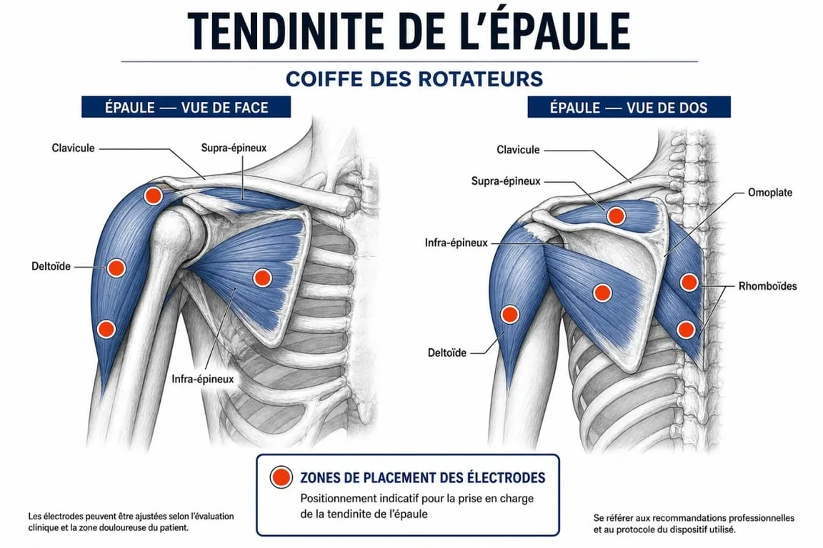 Schéma de l’électrostimulation tendinite épaule avec placement des électrodes sur les muscles ciblés