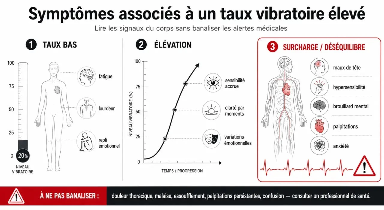 Taux vibratoire eleve symptome : comparaison visuelle entre élévation, surcharge et signes médicaux à surveiller