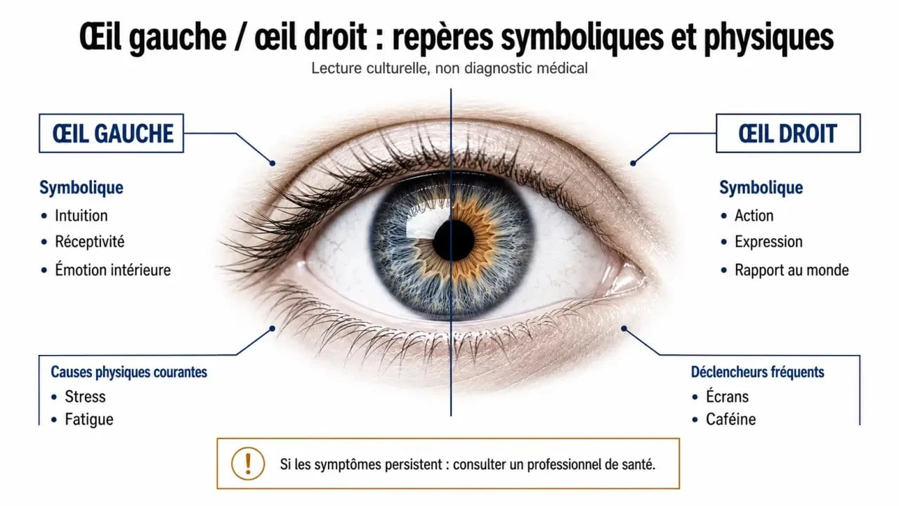 Œil qui tremble signification spirituelle : schéma éditorial de l’œil gauche, de l’œil droit et des causes courantes