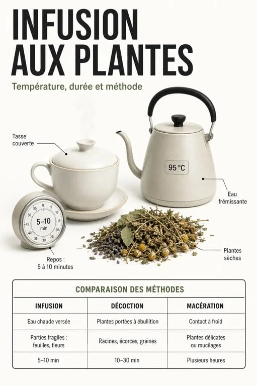 Infusion aux plantes : schéma éditorial des étapes de préparation, dosage, température et temps d'infusion