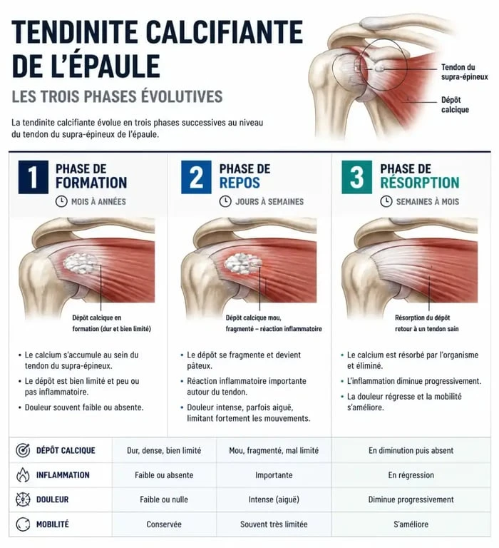 Infographie des phases de la tendinite épaule calcifiée