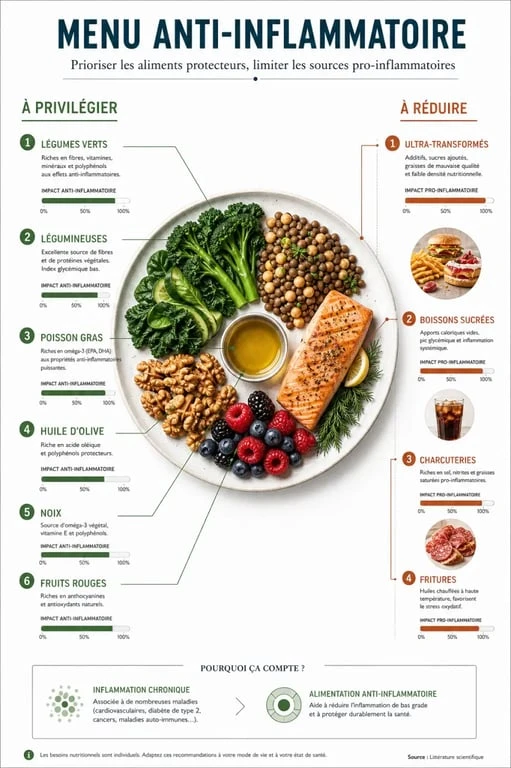 Menu anti inflammatoire : aliments à privilégier et à limiter dans une composition visuelle