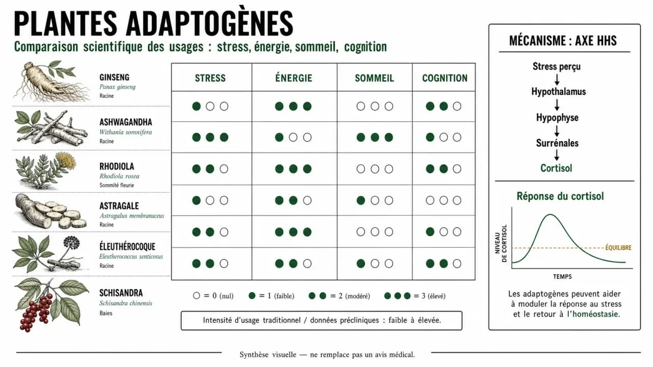 Infographie sur les plantes adaptogènes avec comparaison du ginseng, de l’ashwagandha, de la rhodiola et d’autres plantes