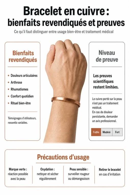 Bracelet en cuivre bienfaits : infographie sur les bénéfices revendiqués, les limites scientifiques et les précautions d’usage