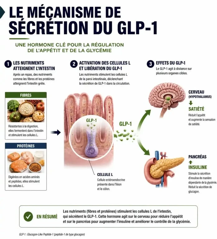 Schéma explicatif du fonctionnement du GLP-1 naturel et de son rôle dans la satiété