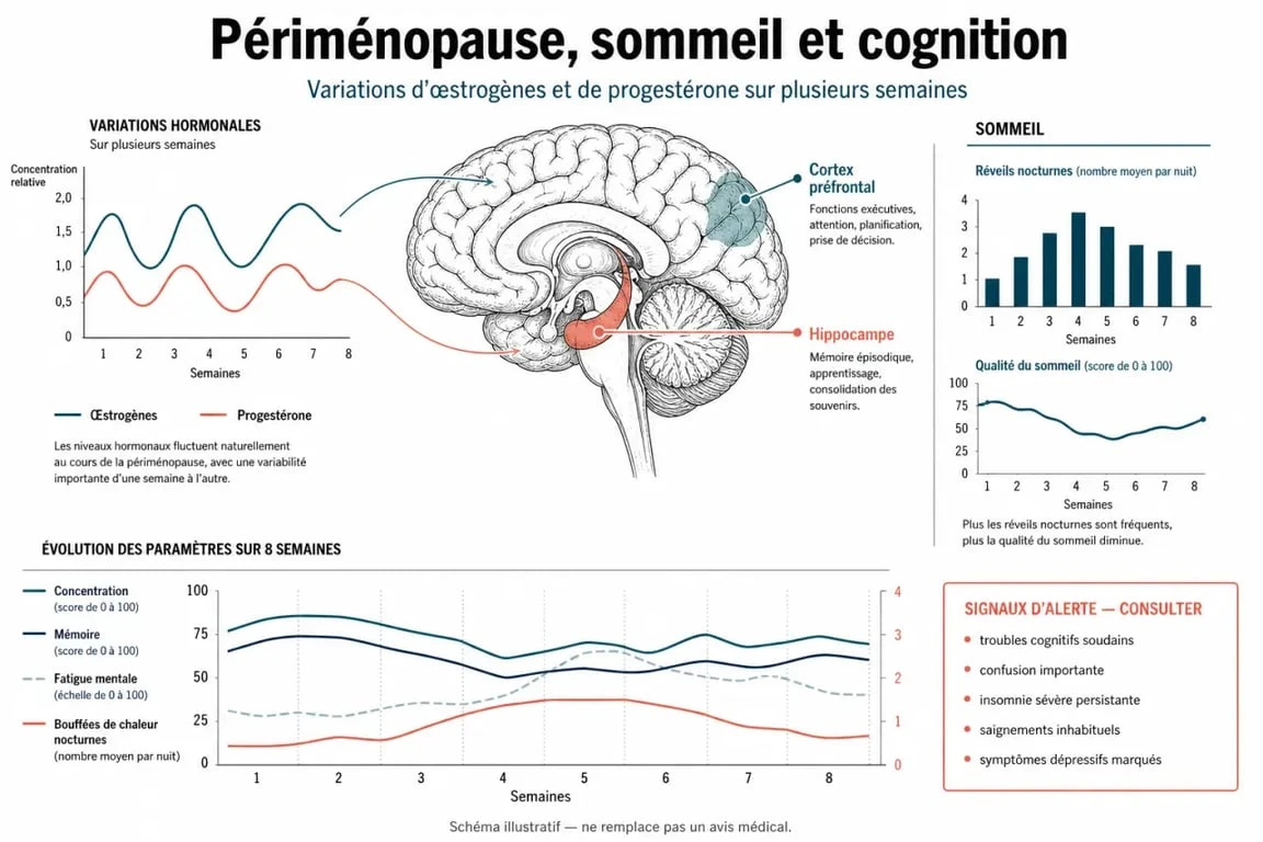 Infographie brouillard mental ménopause : hormones, sommeil, mémoire et signaux d’alerte
