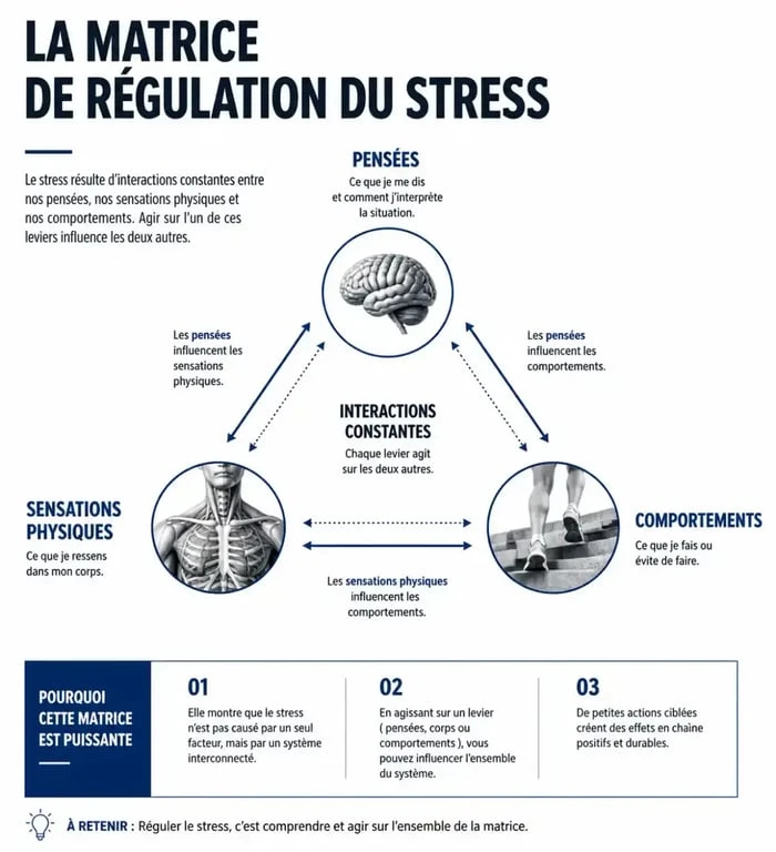 Infographie sur la matrice de régulation du stress pour mieux gérer son quotidien avec 50 exercices
