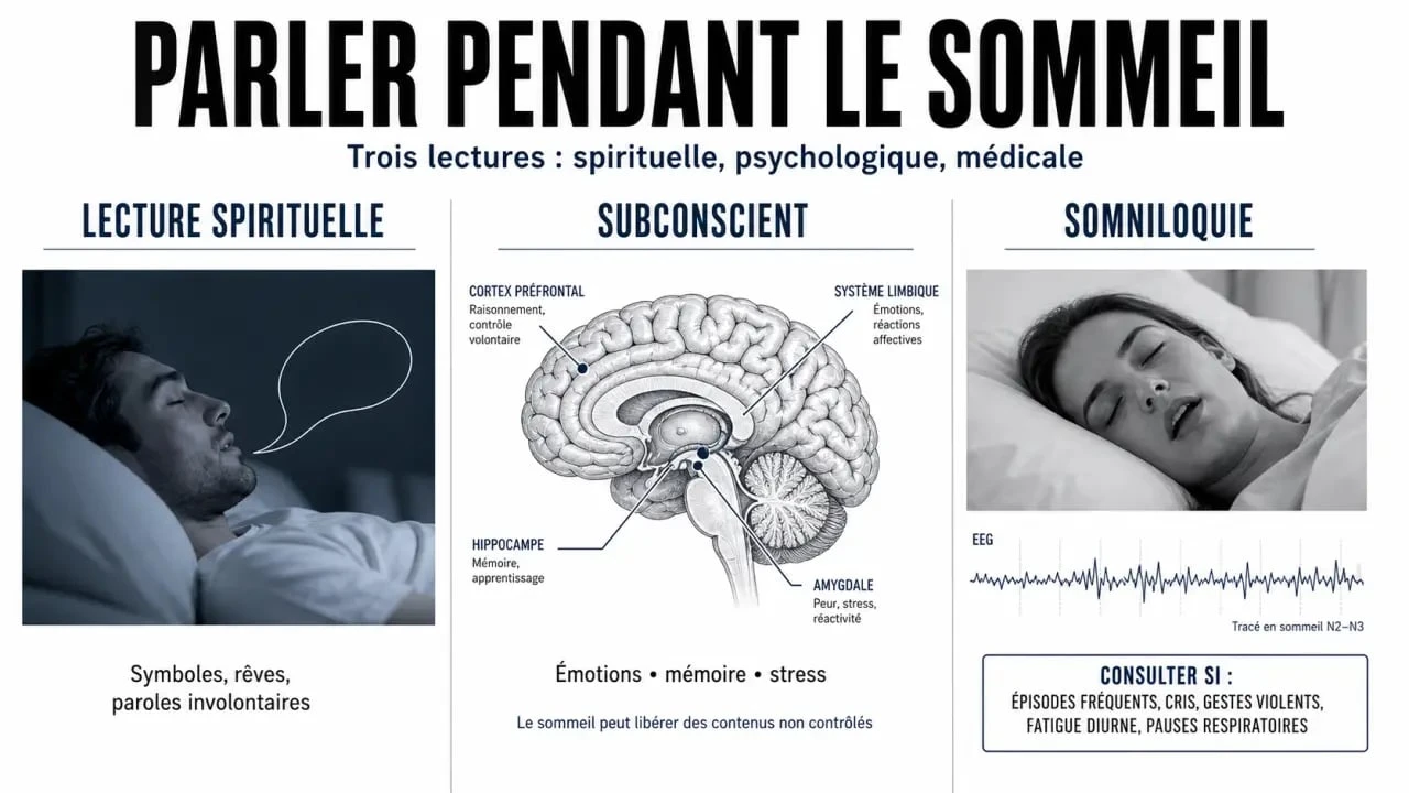 Infographie sur parler dans son sommeil signification spirituelle avec comparaison entre interprétation spirituelle, explication psychologique et cause médicale
