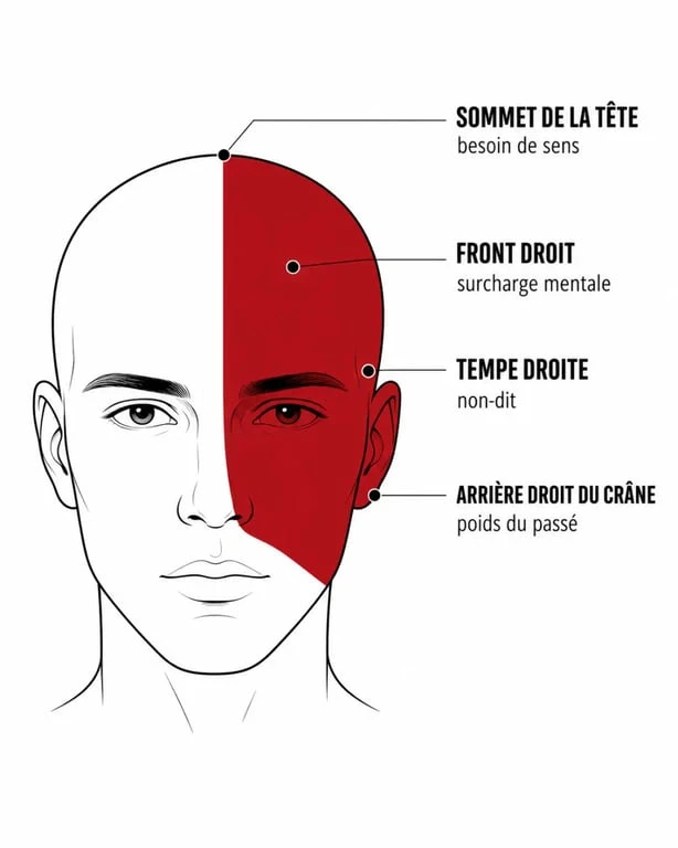 Mal de tête côté droit signification spirituelle : schéma des zones de la tête et de leurs lectures symboliques