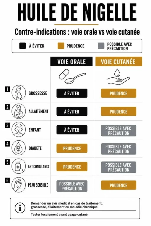 Infographie huile de nigelle contre-indication : précautions d’usage, profils à risque et comparaison voie orale vs cutanée