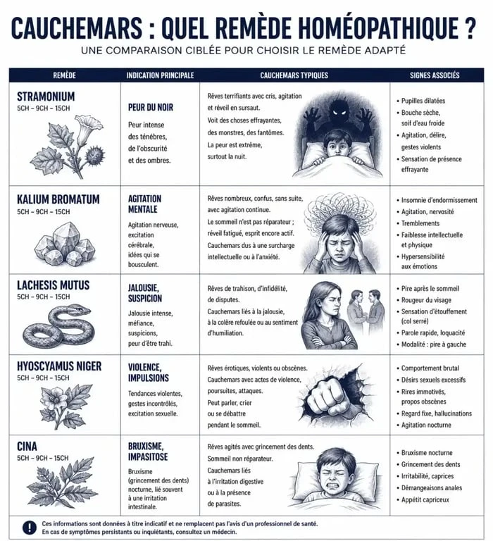 Infographie des remèdes homéopathiques pour traiter les cauchemars et terreurs nocturnes chez l'enfant