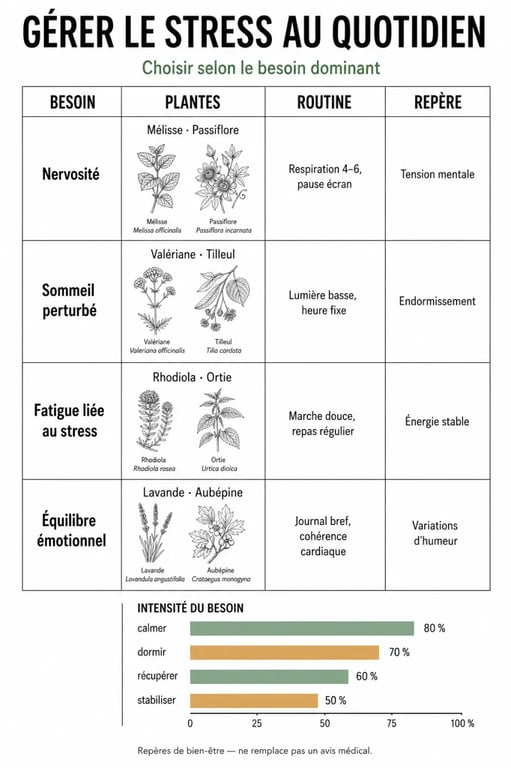 Plantes et routines naturelles pour mieux gérer le stress au quotidien : comparaison visuelle des plantes selon le besoin dominant