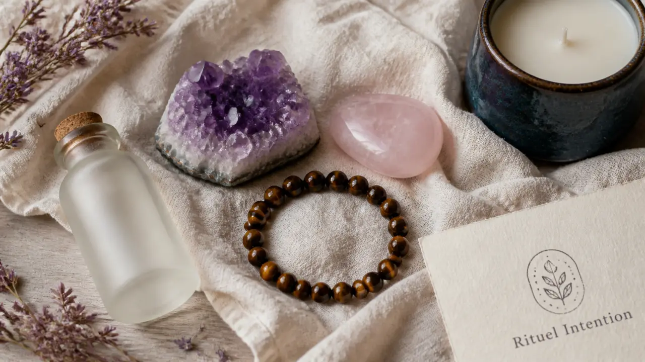 Pierres énergétiques : améthyste, quartz rose et œil de tigre sur table