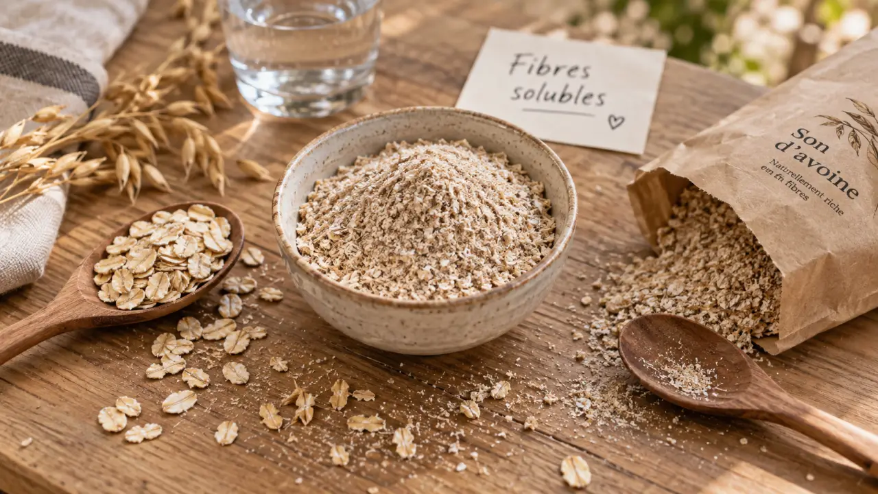 Bienfaits son d'avoine : bol de son et flocons d’avoine, fibres solubles