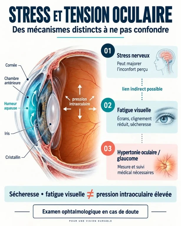 Schéma pédagogique sur le stress et la tension oculaire, la fatigue visuelle et la pression intraoculaire