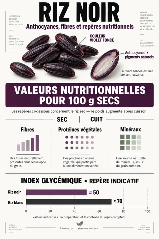 Infographie sur le riz noir bienfait, ses fibres, ses anthocyanes et son index glycémique