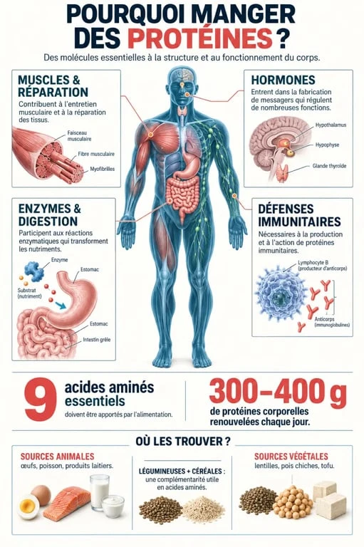Pourquoi manger des protéines : infographie sur leurs rôles dans les muscles, les enzymes, les hormones et l'immunité