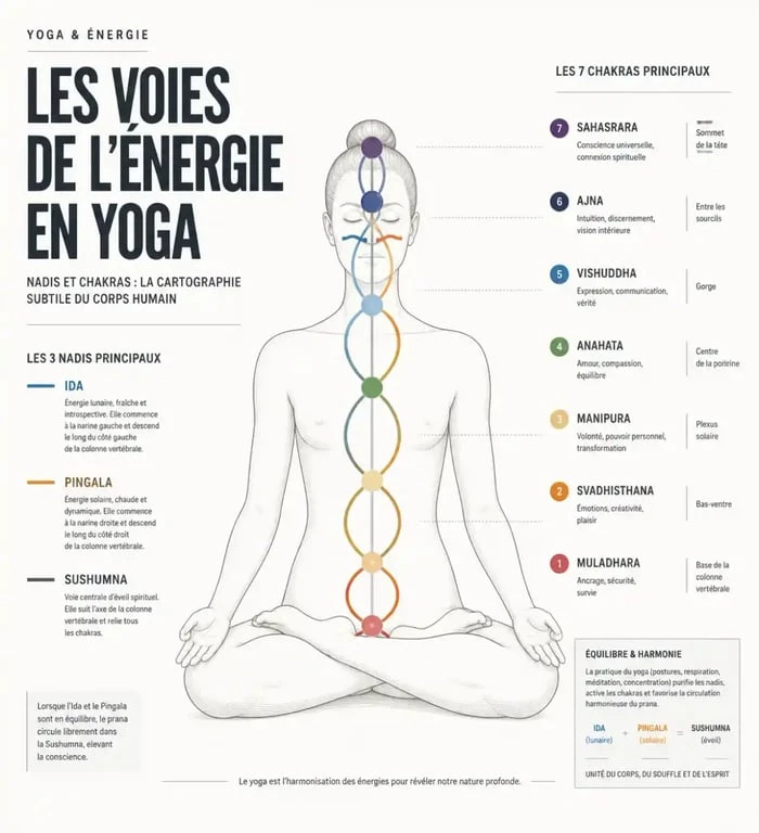 Schéma des nadis et chakras expliquant la circulation de l'énergie yoga