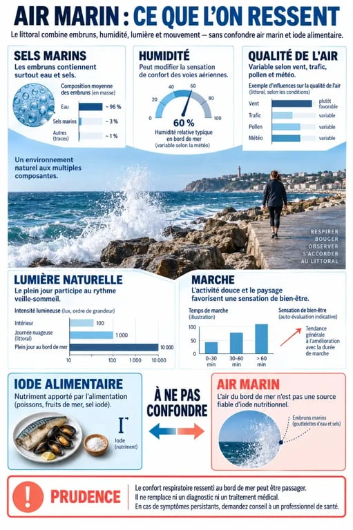 Infographie scientifique sur l’air iodé, les embruns et les effets du cadre marin