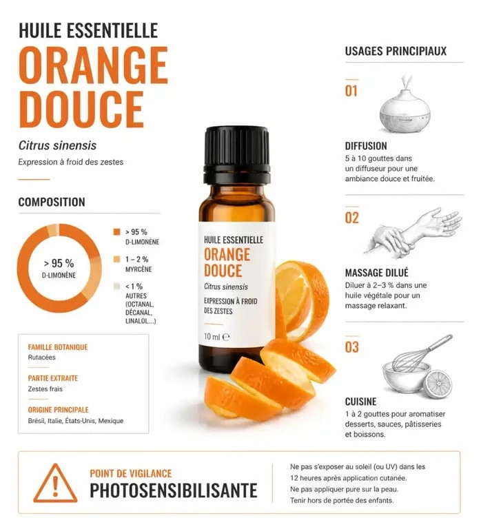 Huile essentielle orange douce : usages en diffusion, massage et cuisine