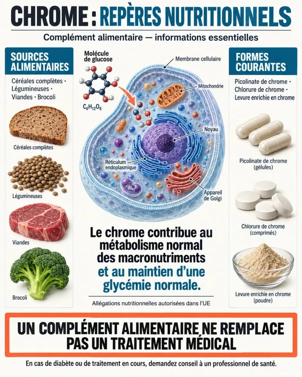 Infographie sur le chrome complément alimentaire, son rôle dans le métabolisme et ses précautions