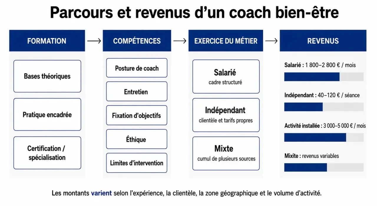 Parcours de formation et revenus d'un coach bien-être dans un schéma clair