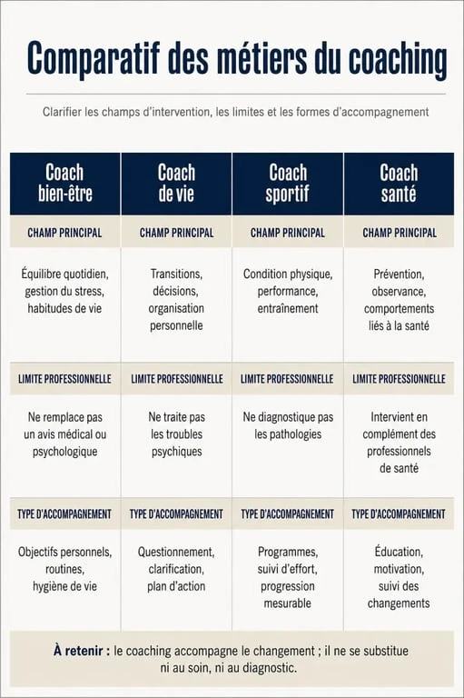 Coach bien-être comparé au coach de vie, au coach sportif et au coach santé dans un visuel éditorial clair