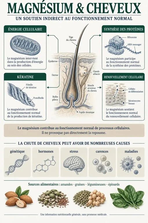 Infographie expliquant le lien indirect entre magnésium et cheveux, la kératine et le follicule pileux