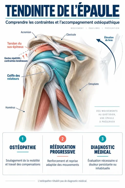 Schéma de tendinite de l’épaule et rôle de l’ostéopathe sur les tendons de la coiffe des rotateurs