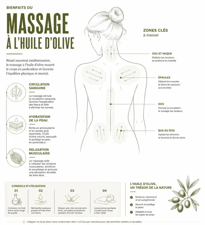 Infographie sur les bienfaits du massage huile olive pour la circulation et la peau