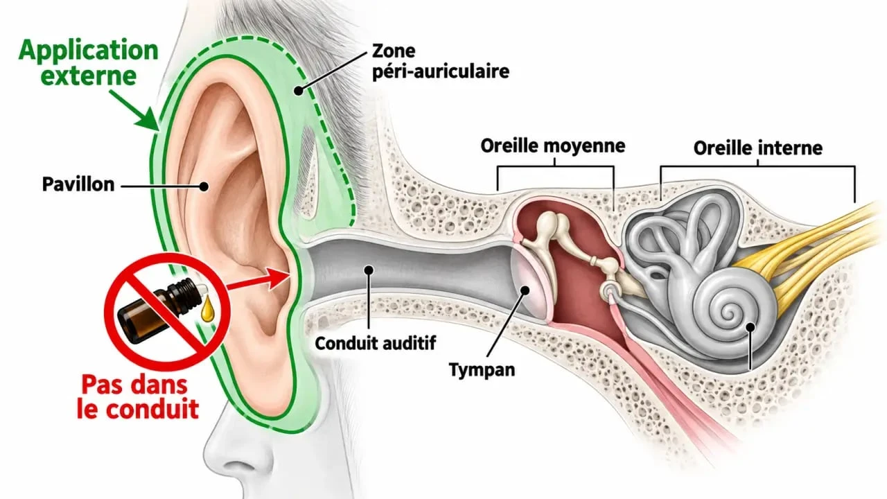 Schéma de l’oreille montrant où appliquer une huile essentielle en cas d’otite et pourquoi éviter le conduit auditif