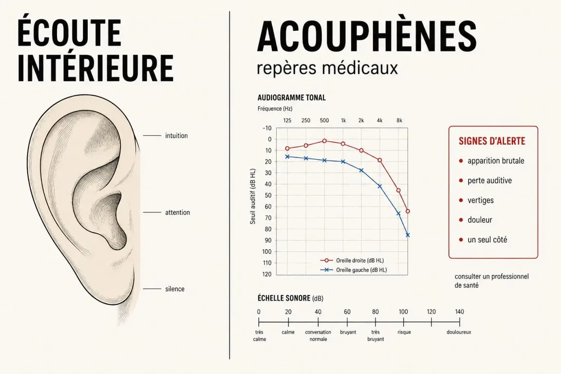 Oreille gauche qui siffle signification spirituelle : illustration comparant lecture symbolique et signes médicaux à surveiller