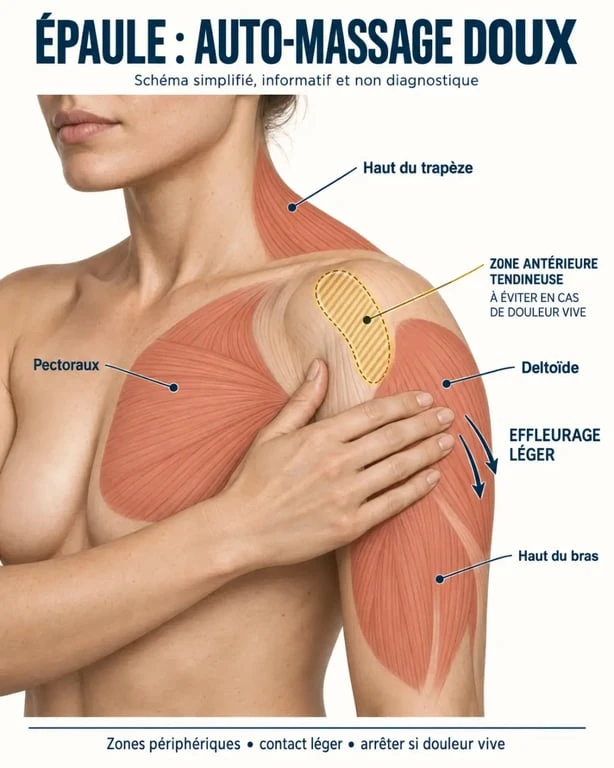Tendinite épaule massage : schéma des zones à masser doucement et des zones douloureuses à éviter